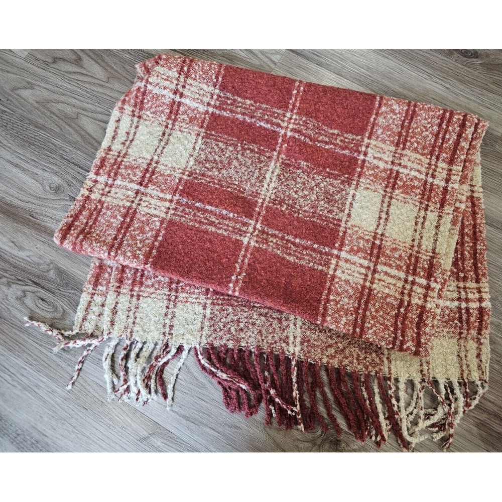 Free People Blanket Scarf Fringe Red/Cream Brushed